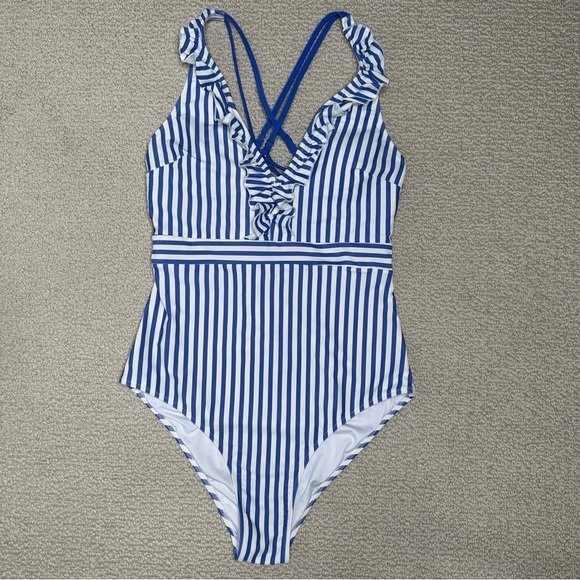 Cupshe Blue and White Striped One Piece Swimsuit with Ruffled V-Neck Size L - Picture 1 of 5